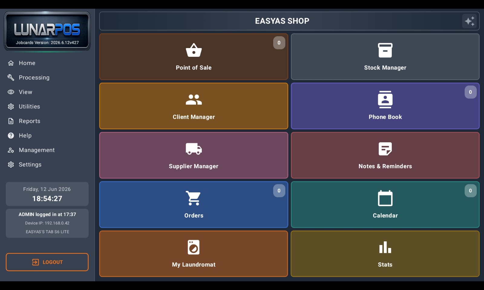 The LunarPOS dashboard